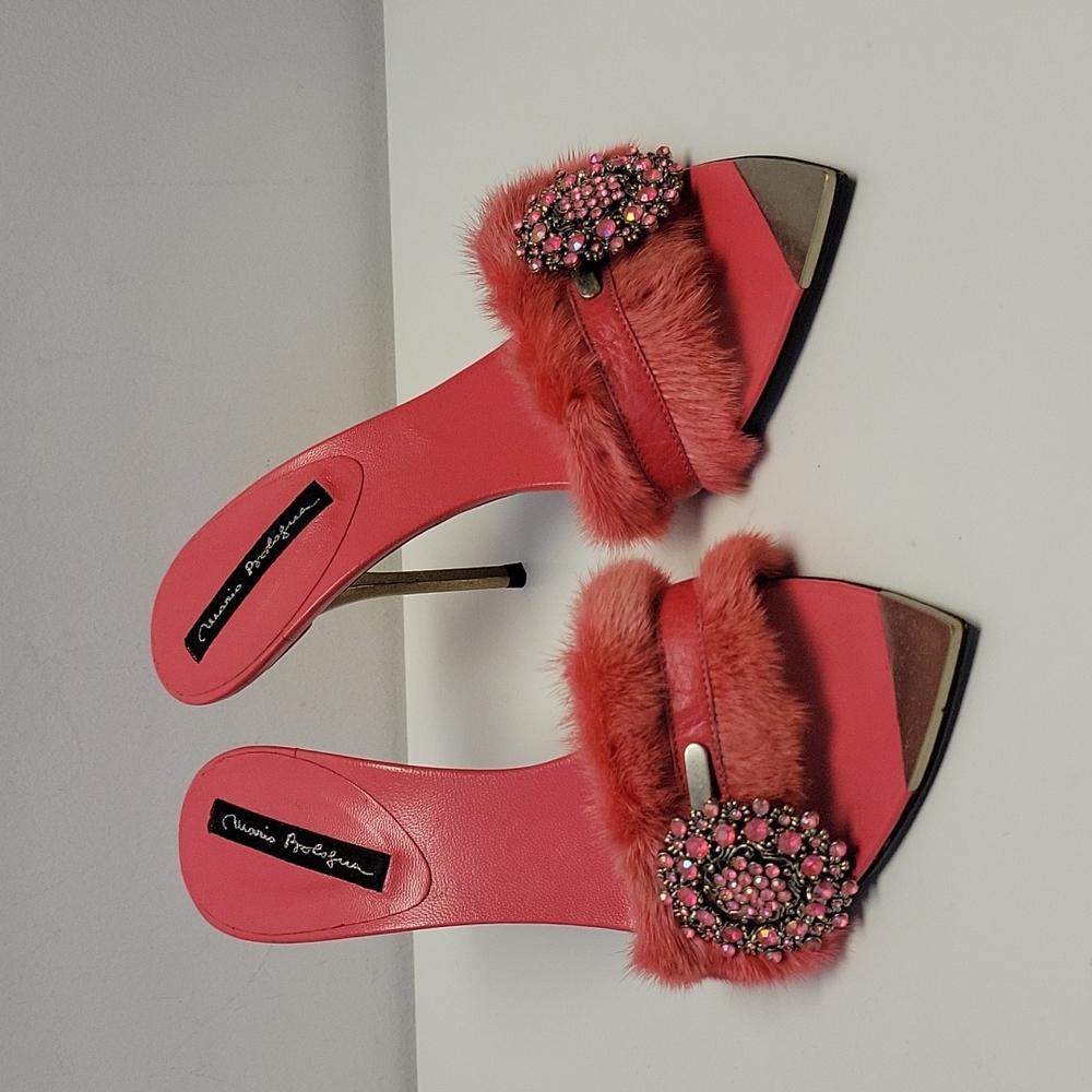 Women's Coral Fur Slide Mules with Crystal Buckle